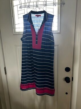 Simply Southern Navy and White Striped Sleeveless Mini Dress with Pink Trim